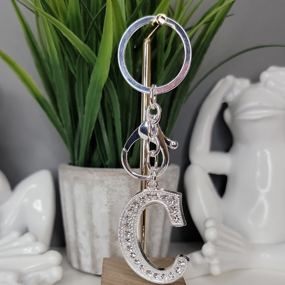 Letter C Initial C Alphabet C Rhinestone Silver Key Chain Bag Charm - Picture 2 of 8